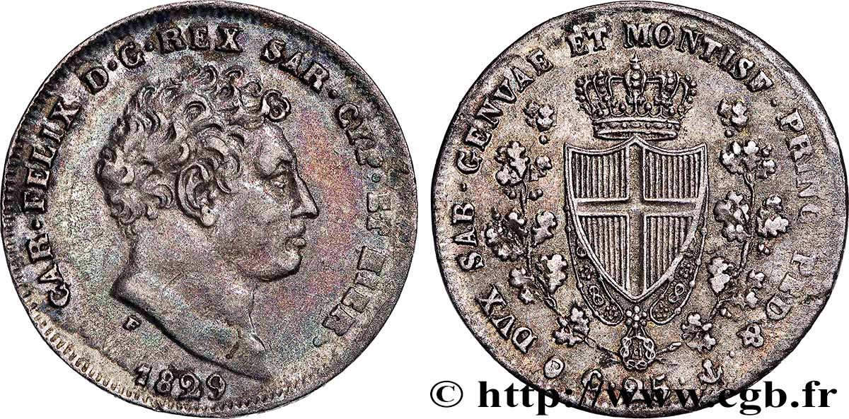 ITALIE - ROYAUME DE SARDAIGNE - CHARLES-FÉLIX 25 Centesimi  1829 Gênes TTB/TTB+ 