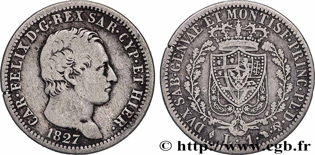 ITALIE - ROYAUME DE SARDAIGNE 1 Lire Charles Félix 1827 Turin TB+ 