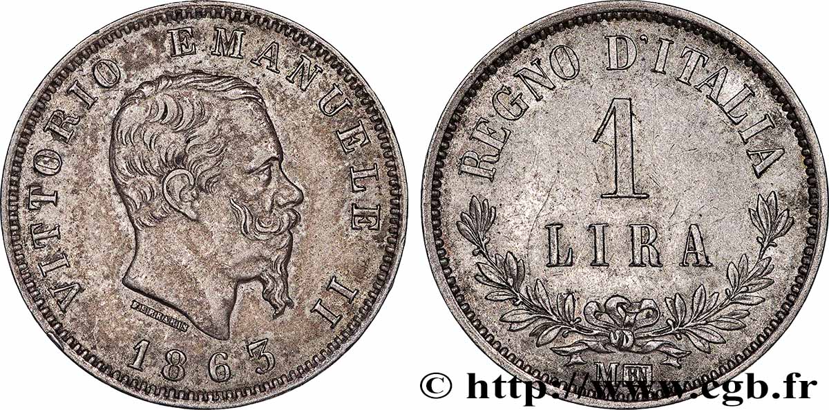 ITALIE 1 Lira Victor Emmanuel II 1863 Milan TTB+ 