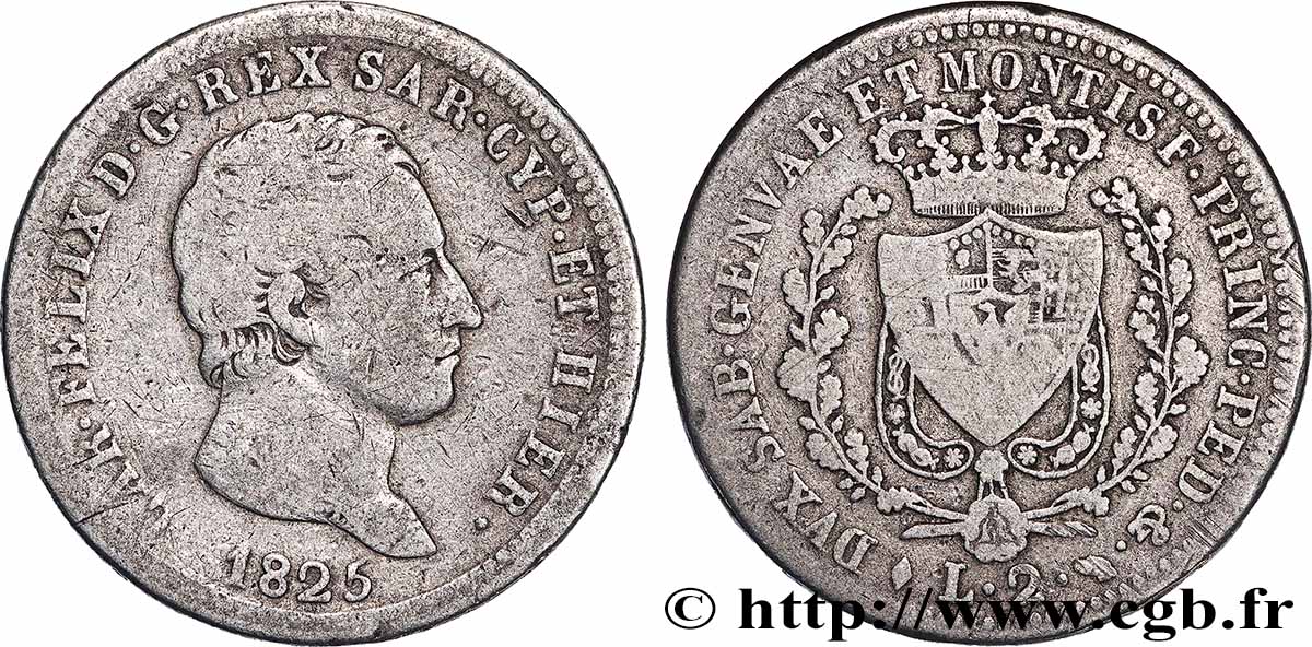 ITALIE - ROYAUME DE SARDAIGNE - CHARLES-FÉLIX 2 Lire  1825 Turin TB 