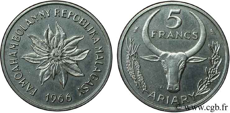 MADAGASCAR Essai 5 Francs - 1 Ariary buffle / fleur 1966 Paris SC 