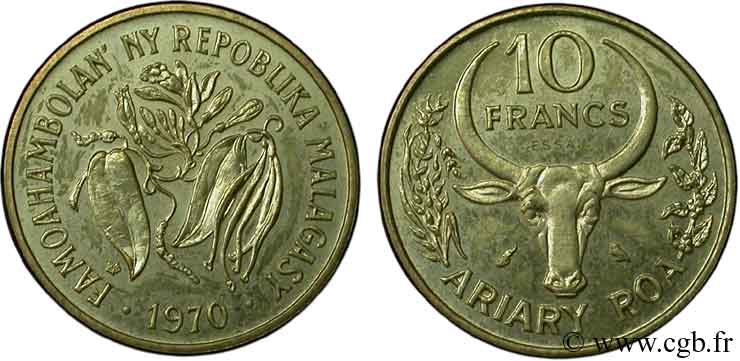MADAGASCAR Essai 10 Francs - 2 Ariary buffle / fèves 1970 Paris SC 