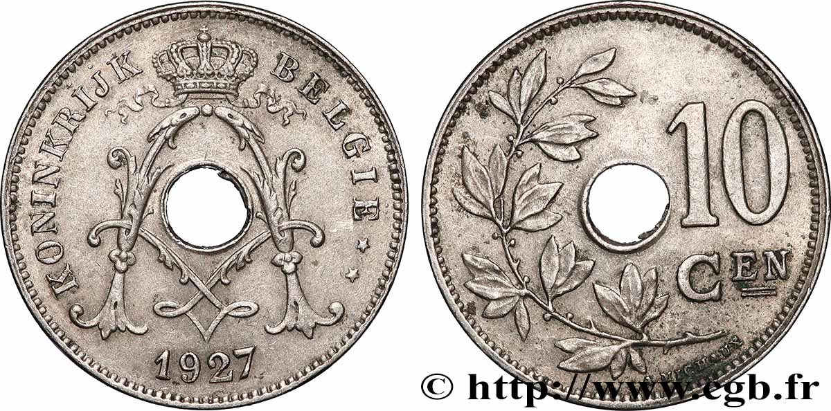 BELGIUM 10 Centiemen (Centimes) Albert Ier 1927 Bruxelles AU 