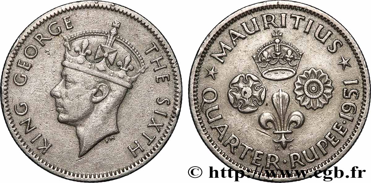 MAURITIUS 1/4 Rupee (Roupie) Georges VI 1951 Londres XF 