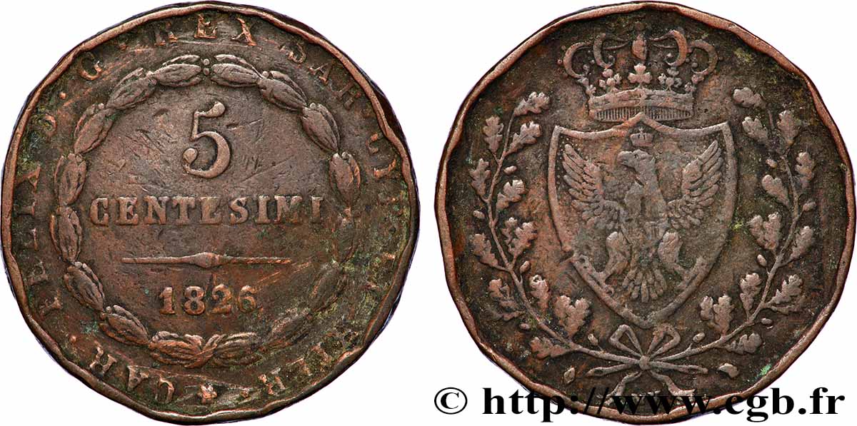 ITALIE - ROYAUME DE SARDAIGNE - CHARLES-FÉLIX 5 Centesimi type au “L” 1826 Turin TB 