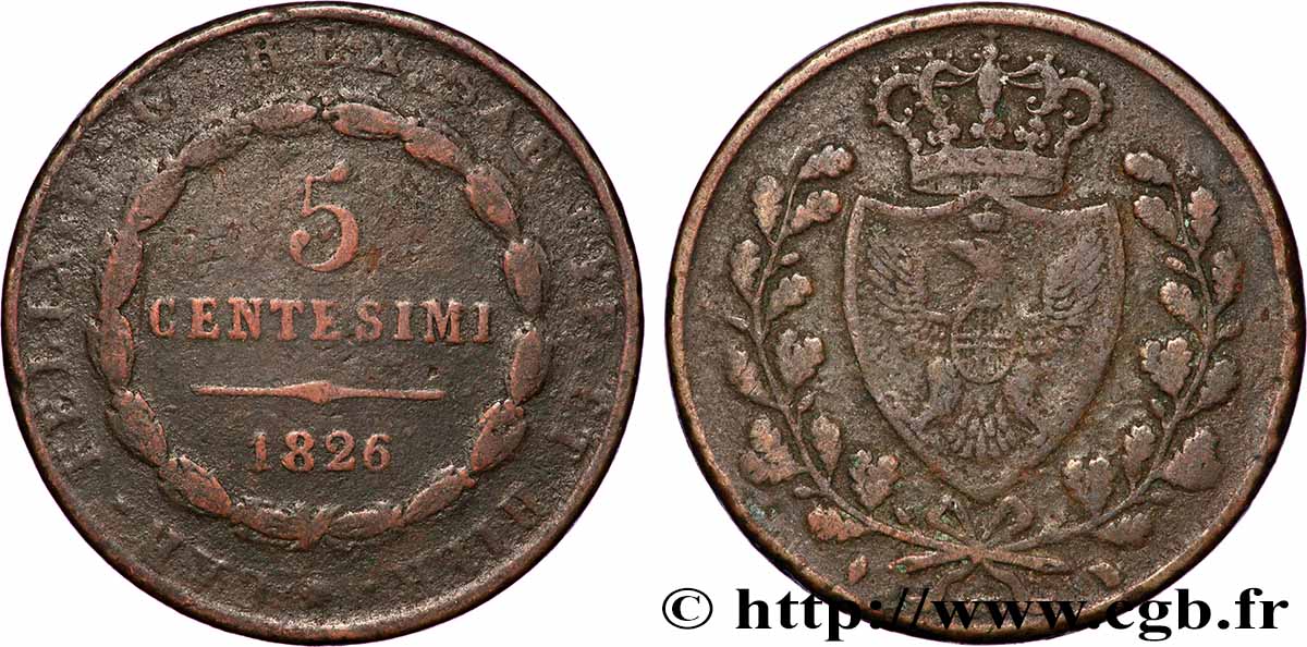 ITALIE - ROYAUME DE SARDAIGNE - CHARLES-FÉLIX 5 Centesimi type au “L” 1826 Turin TB+ 
