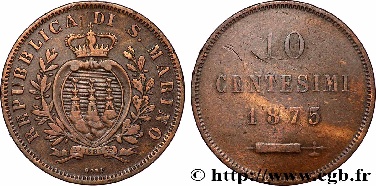 SAINT-MARIN 10 Centesimi écu aux trois tours 1875 Milan TTB 