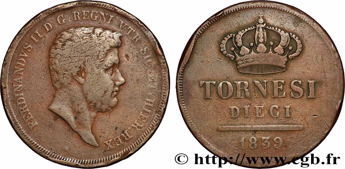 ITALIE - ROYAUME DES DEUX-SICILES 10 Tornesi Ferdinand II second portrait 1839  TB 