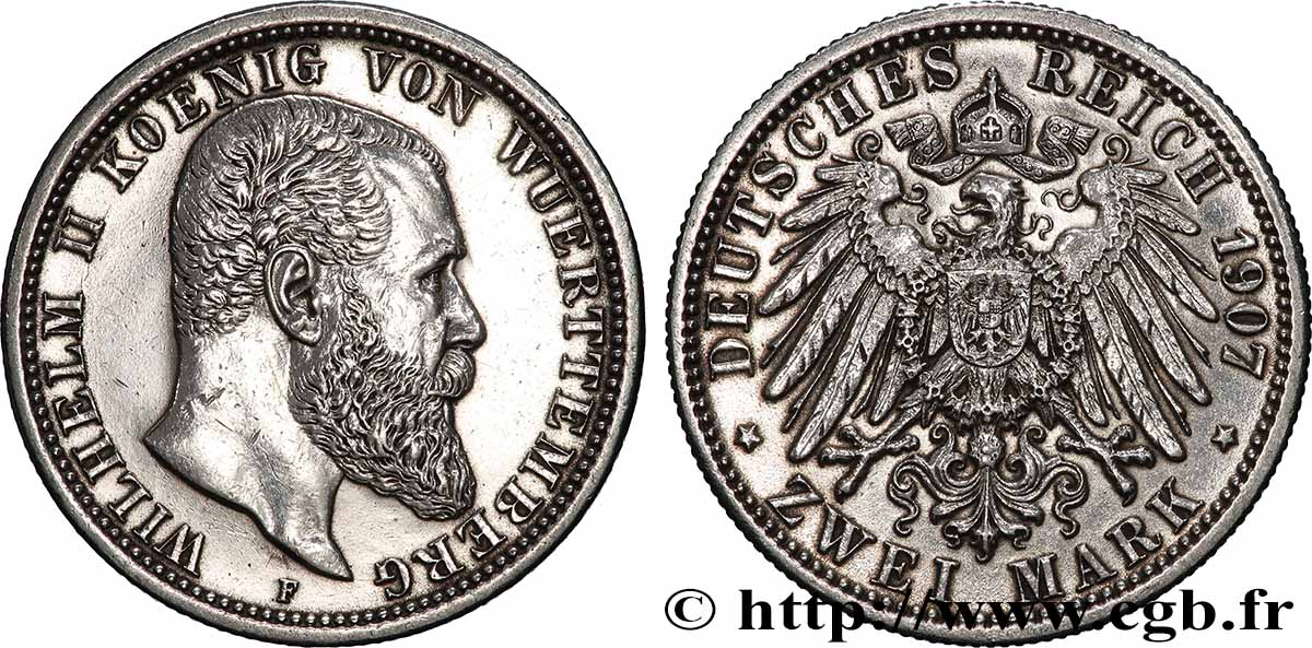 GERMANY - WÜRTTEMBERG 2 Mark Guillaume II 1907 Stuttgart AU 