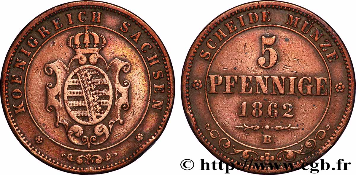 GERMANY - SAXONY 5 Pfennige 1862 Dresde XF 
