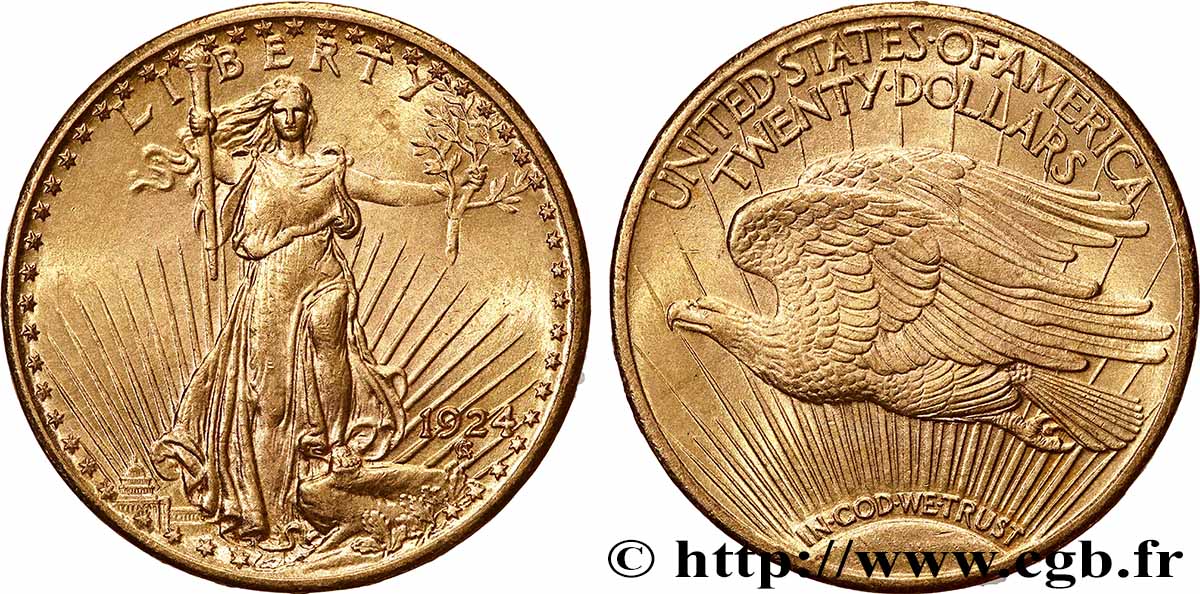 OR, PALLADIUM ET PLATINE INVESTISSEMENT 20 Dollars &nbsp;Saint-Gaudens” 1924 Philadelphie TTB+ 
