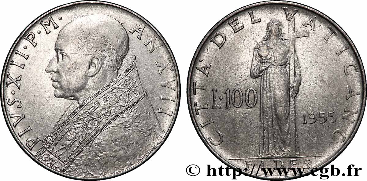 VATICAN AND PAPAL STATES 100 Lire Pie XII an XVII 1955 Rome AU 