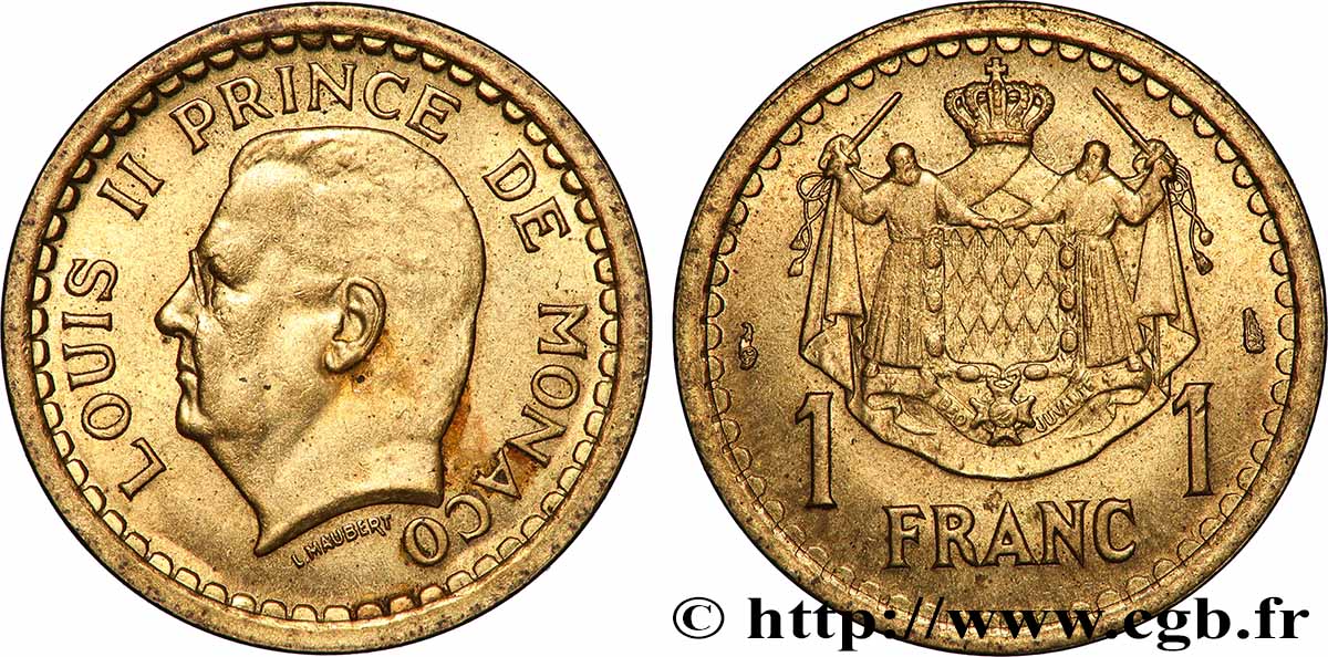 MONACO 1 Franc Louis II (1943) Paris TTB 