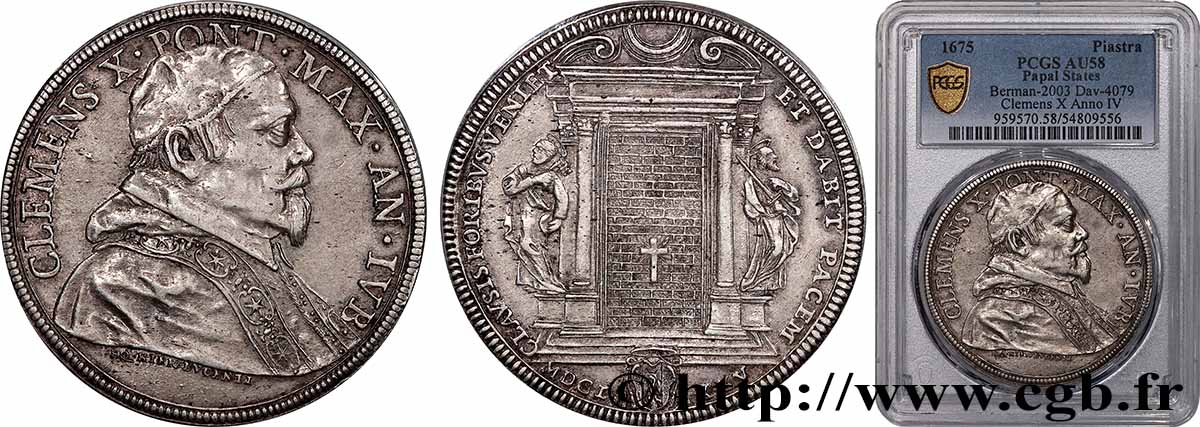 ITALY - PAPAL STATES - CLEMENT X (Emilio Altieri) Piastre de Jubilée 1675 Rome AU58 PCGS