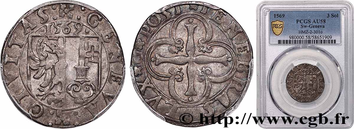 SCHWEIZ - REPUBLIK GENF 3 Sols - République de Genève 1569  VZ58 PCGS