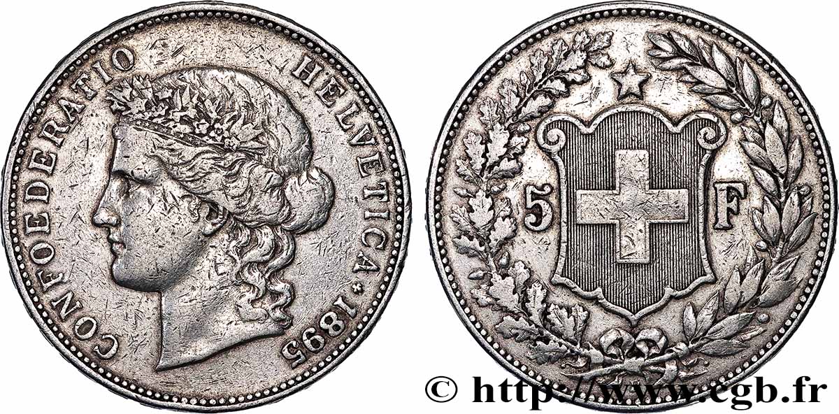 SUISSE - CONFÉDÉRATION HELVÉTIQUE 5 Francs Helvetia 1895 Berne TTB 
