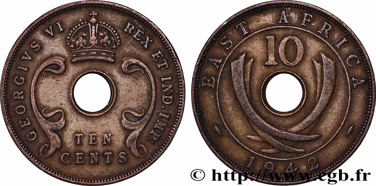 AFRICA DI L&nbsp;EST BRITANNICA  10 Cents (Georges VI) 1942 Londres BB 