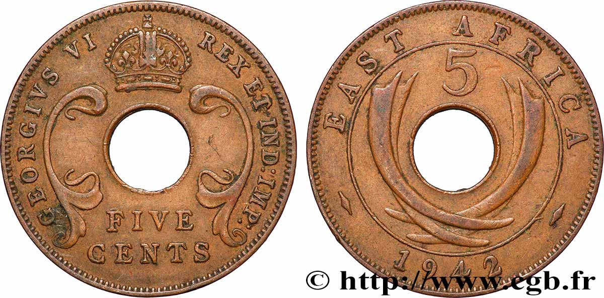 EAST AFRICA (BRITISH) 5 Cents Georges VI 1942 Londres XF 