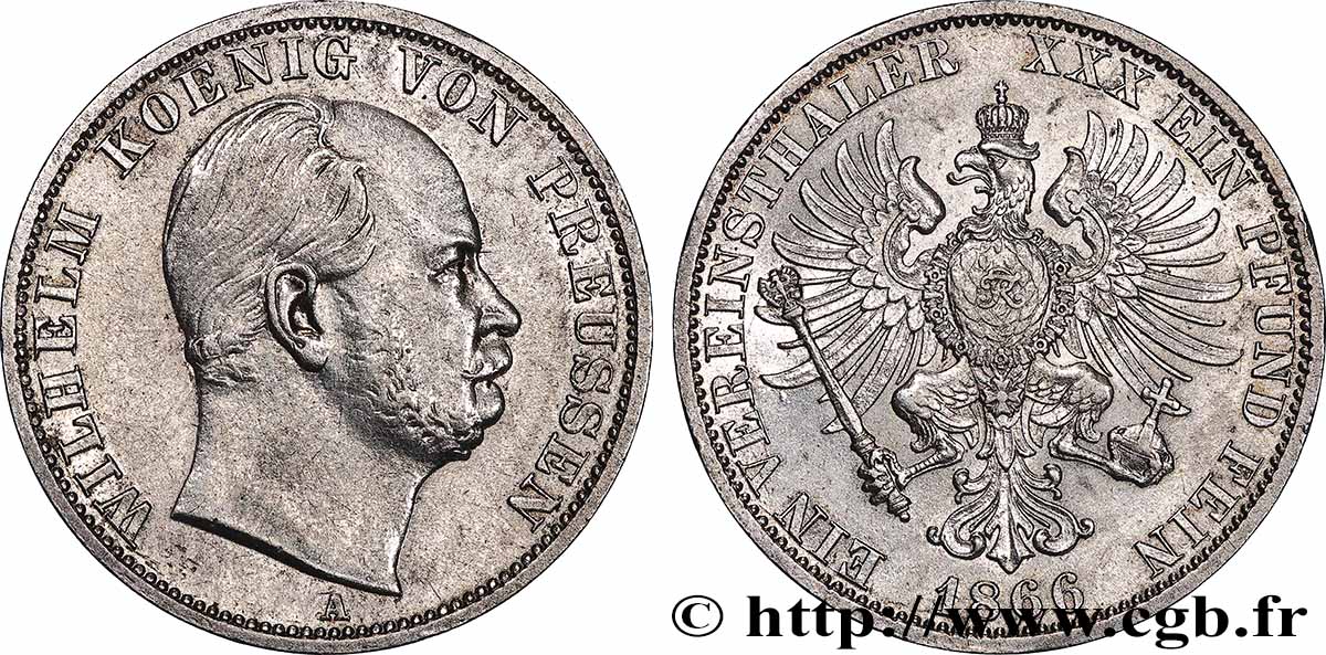 GERMANY - PRUSSIA 1 Thaler Guillaume Ier tête nue 1866 Berlin AU 