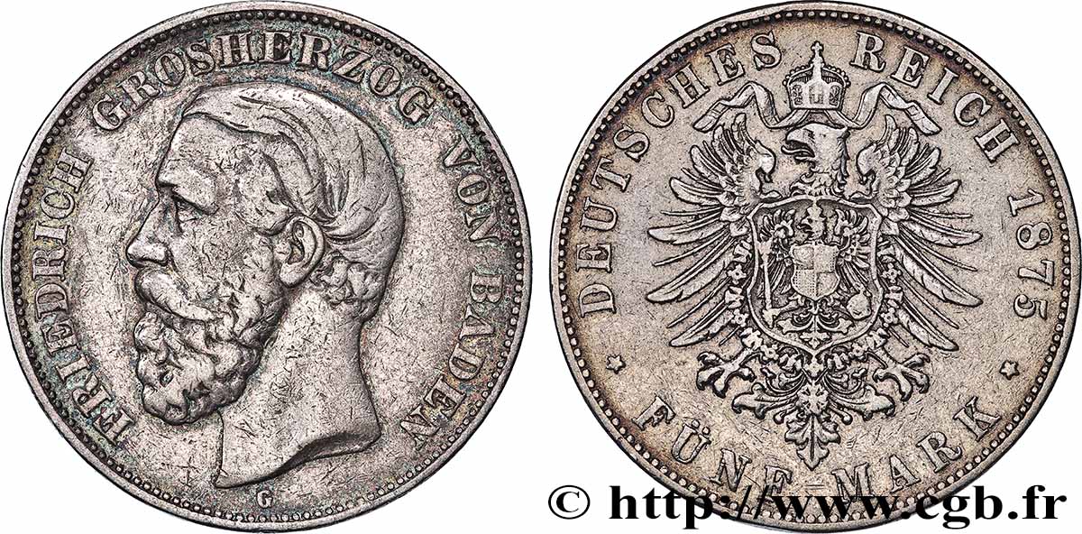 DEUTSCHLAND - BADEN 5 Mark Frédéric 1875 Karlsruhe SS 