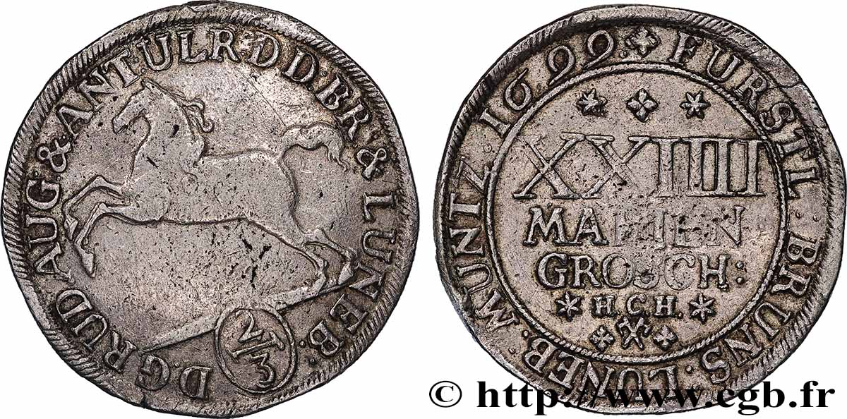 GERMANY - BRUNSWICK-WOLFENBUTTEL 24 Mariengroschen (2/3 Thaler) Principauté de Brunswick-Wolfenbuttel, frappe au cheval au nom de Rudolphe Auguste 1699 Brunswick AU 