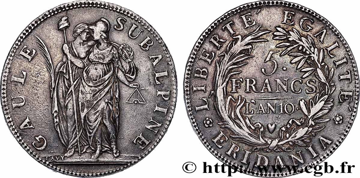 ITALIA - GALIA SUBALPINA 5 Francs an 10 1802 Turin q.SPL 