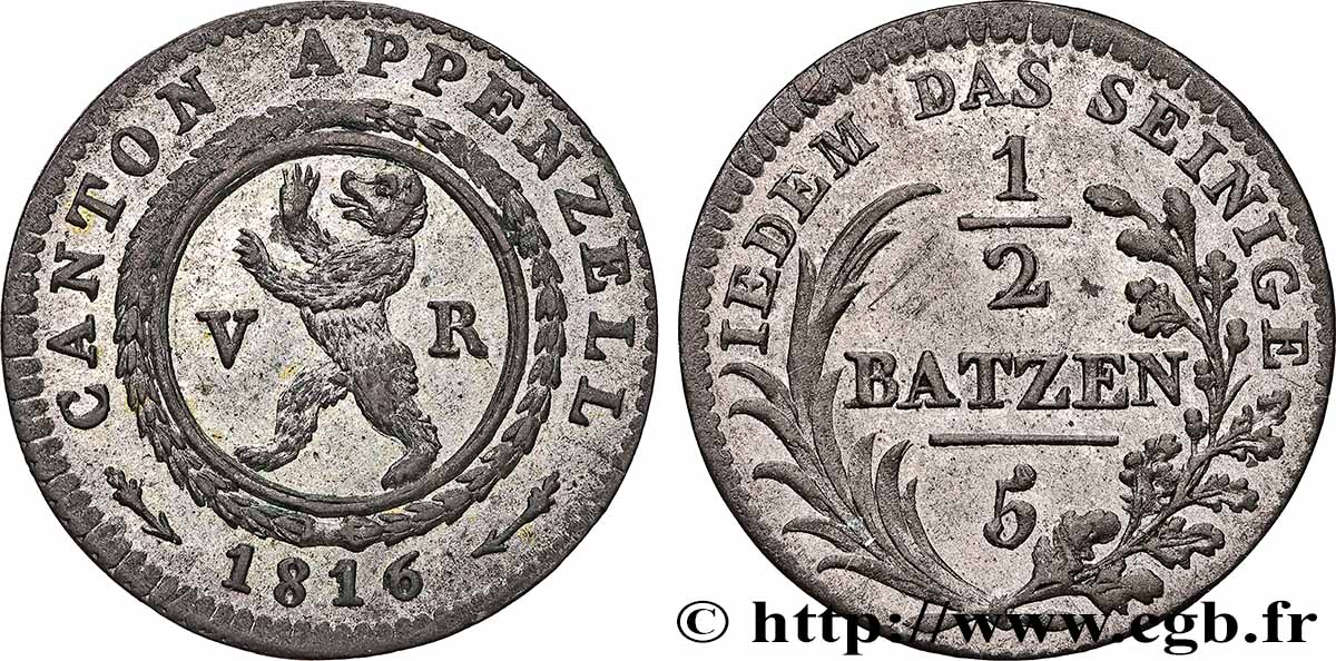 SUISSE - CANTON D&nbsp;APPENZELL 1/2 Batzen 1816  VZ 