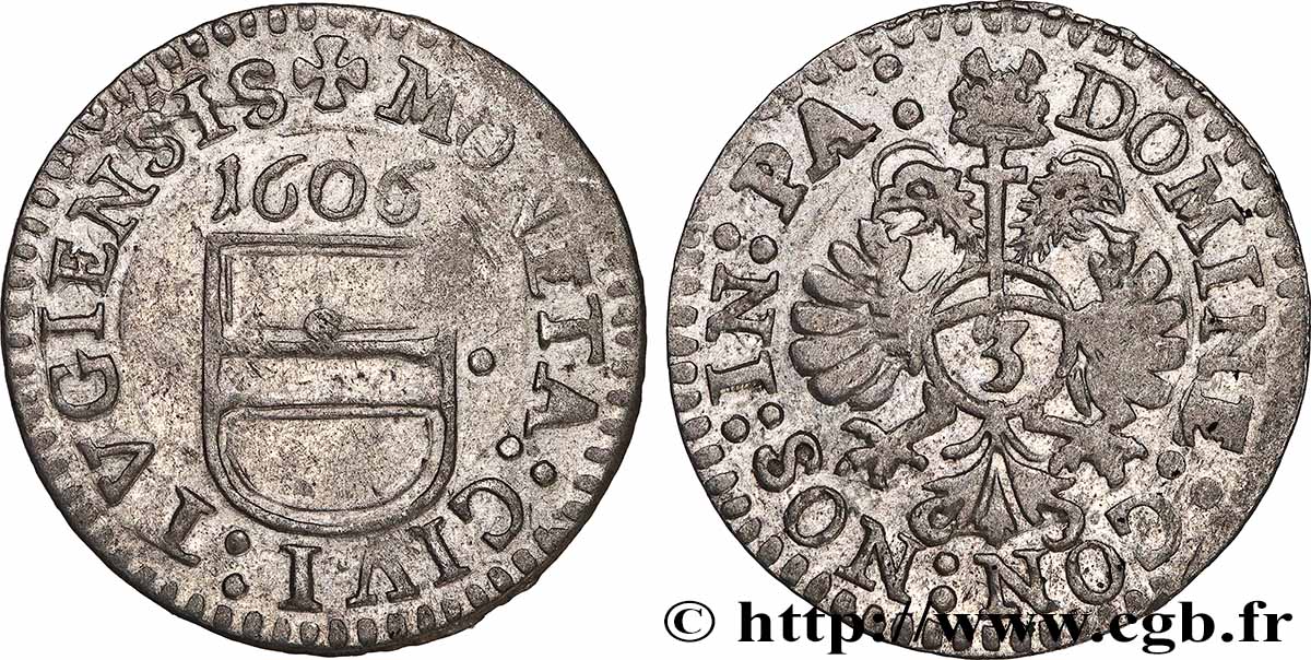 SUISSE - CANTON DE ZOUG 1 Groschen (3 Kreuzer) 1606  TTB+ 