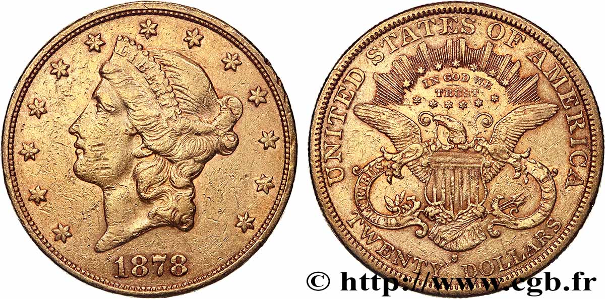 GOLD, PALLADIUM & PLATINUM INVESTMENT 20 Dollars &nbsp;Liberty&nbsp; 1878 San Francisco XF 