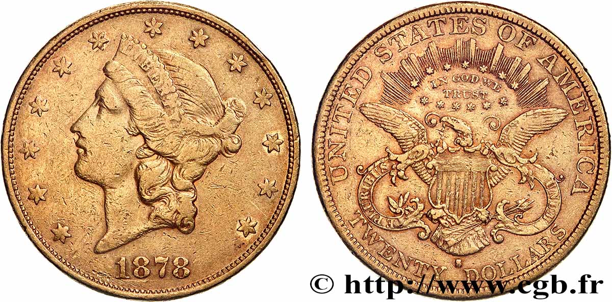 GOLD, PALLADIUM & PLATINUM INVESTMENT 20 Dollars &nbsp;Liberty&nbsp; 1878 San Francisco XF 