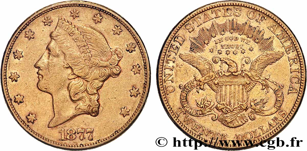 GOLD, PALLADIUM & PLATINUM INVESTMENT 20 Dollars &nbsp;Liberty&nbsp; 1877 Philadelphie XF 