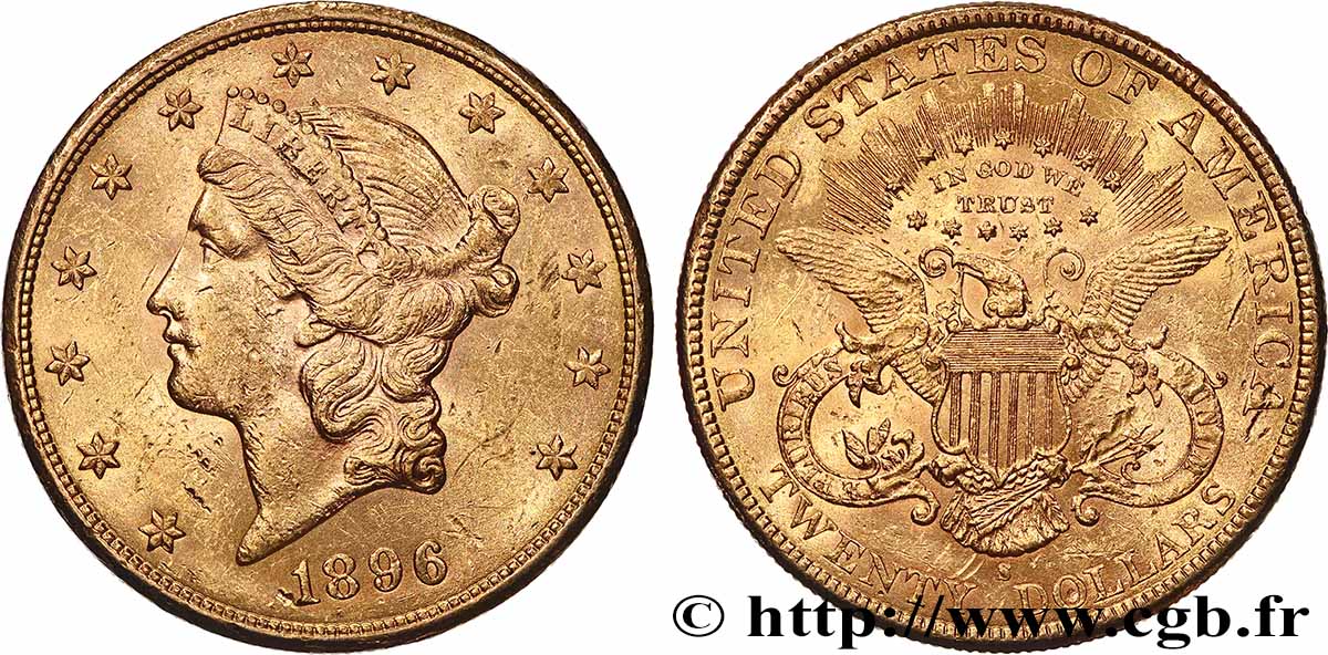 GOLD, PALLADIUM & PLATINUM INVESTMENT 20 Dollars &nbsp;Liberty&nbsp; 1896 San Francisco AU 