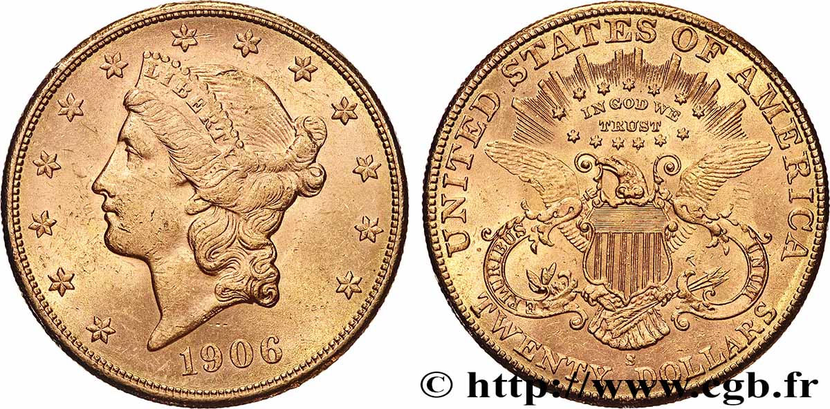 ORO, PALADIO Y PLATINO INVERSIÓN 20 Dollars or &nbsp;Liberty&nbsp; 1906 San Francisco EBC 