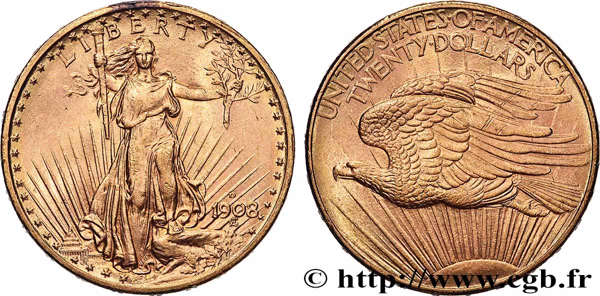 GOLD, PALLADIUM & PLATINUM INVESTMENT 20 Dollars “Saint-Gaudens” 1908 Philadelphie AU 