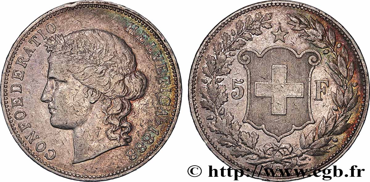 SUISSE 5 Francs Helvetia buste 1888 Berne TTB 