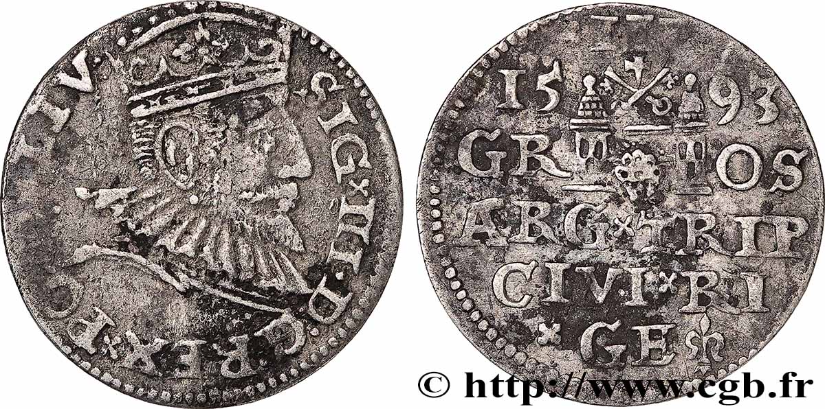 LIVONIA - SIGISMUND III VASA Trois groschen ou trojak ryski 1593 Riga XF 