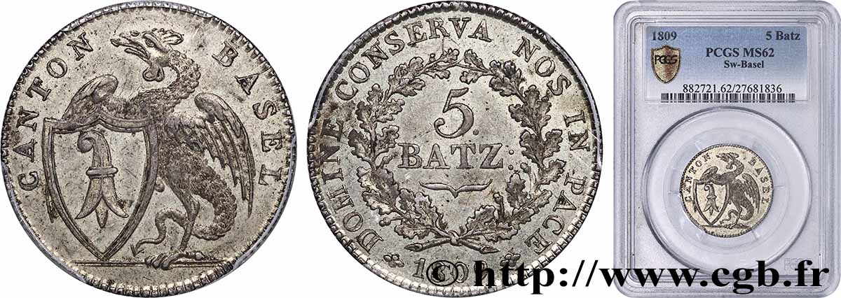 SUISSE - CONFÉDÉRATION HELVÉTIQUE - CANTON DE BÂLE 5 Batzen au dragon ailé  1809  SUP62 PCGS