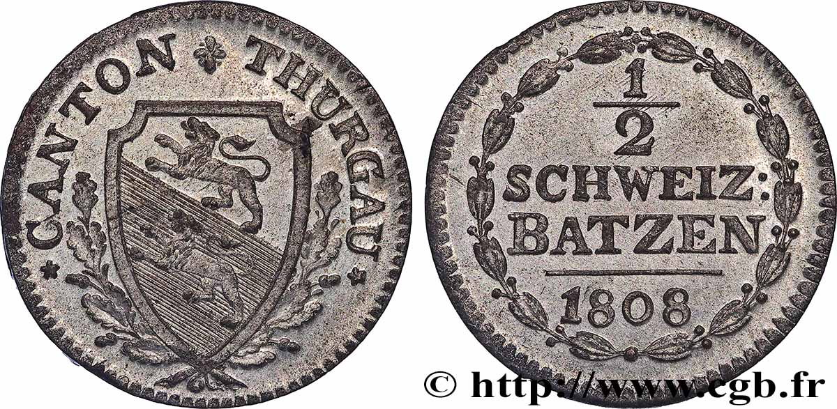 SCHWEIZ -  KANTON THURGAU 1/2 Schweiz Batzen - Canton de Thurgau 1808  fST 