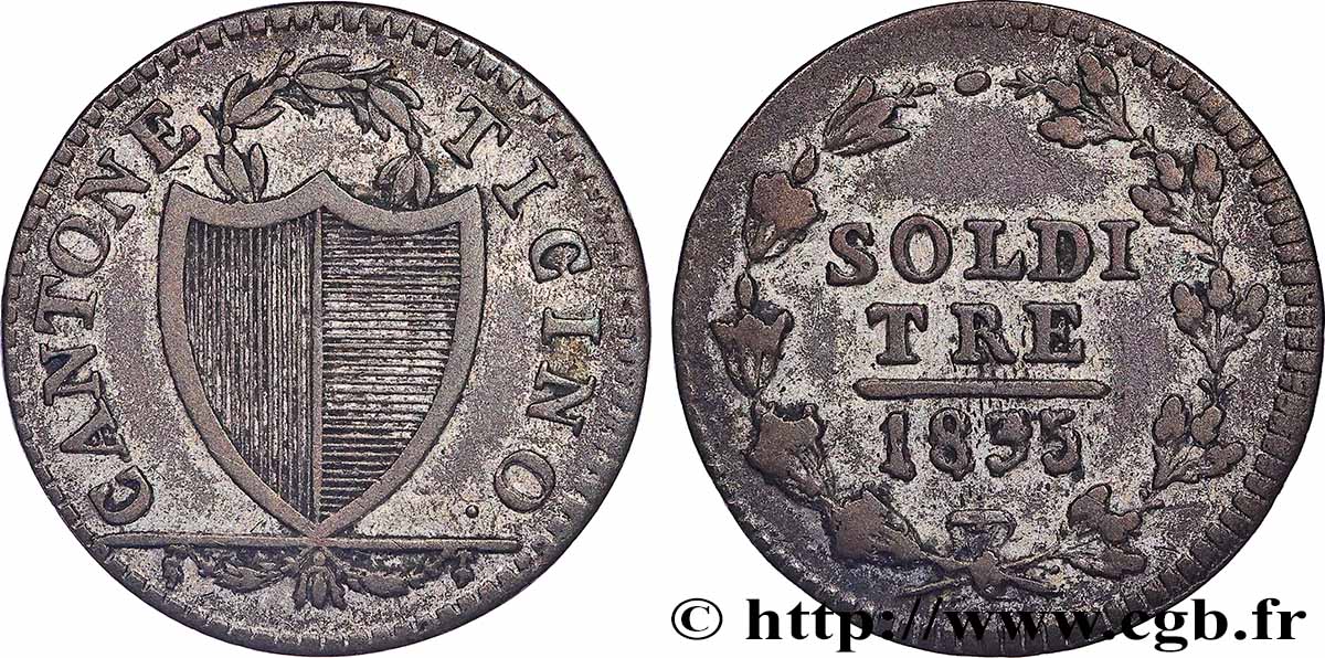 SUISSE - CANTON DU TESSIN 3 Soldi 1835  TTB 