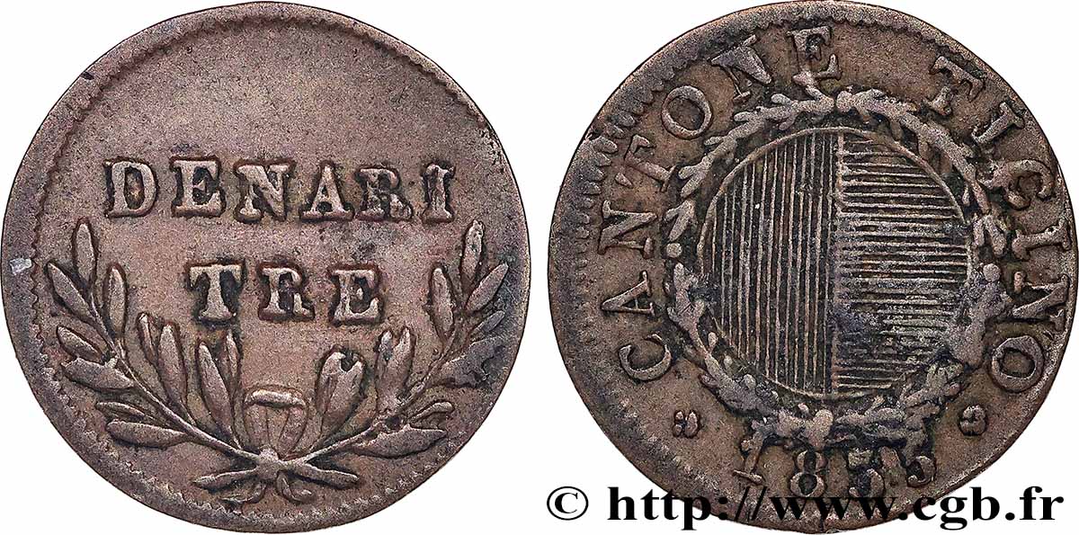 SUISSE - CANTON DU TESSIN 3 Denari  1835  TTB 