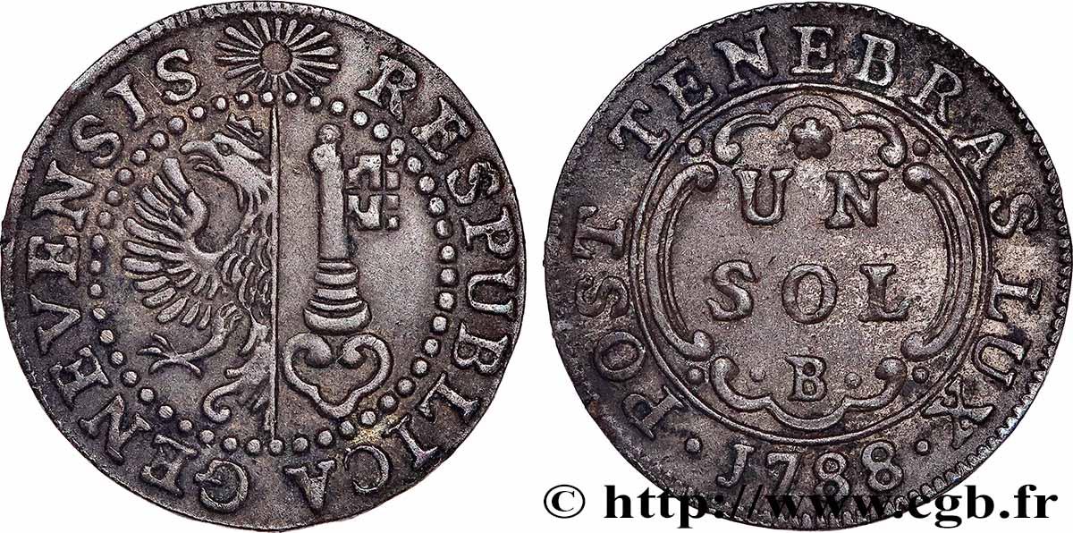 SUISSE - RÉPUBLIQUE DE GENÈVE 1 Sol - République de Genève  1788 Genève TTB+ 