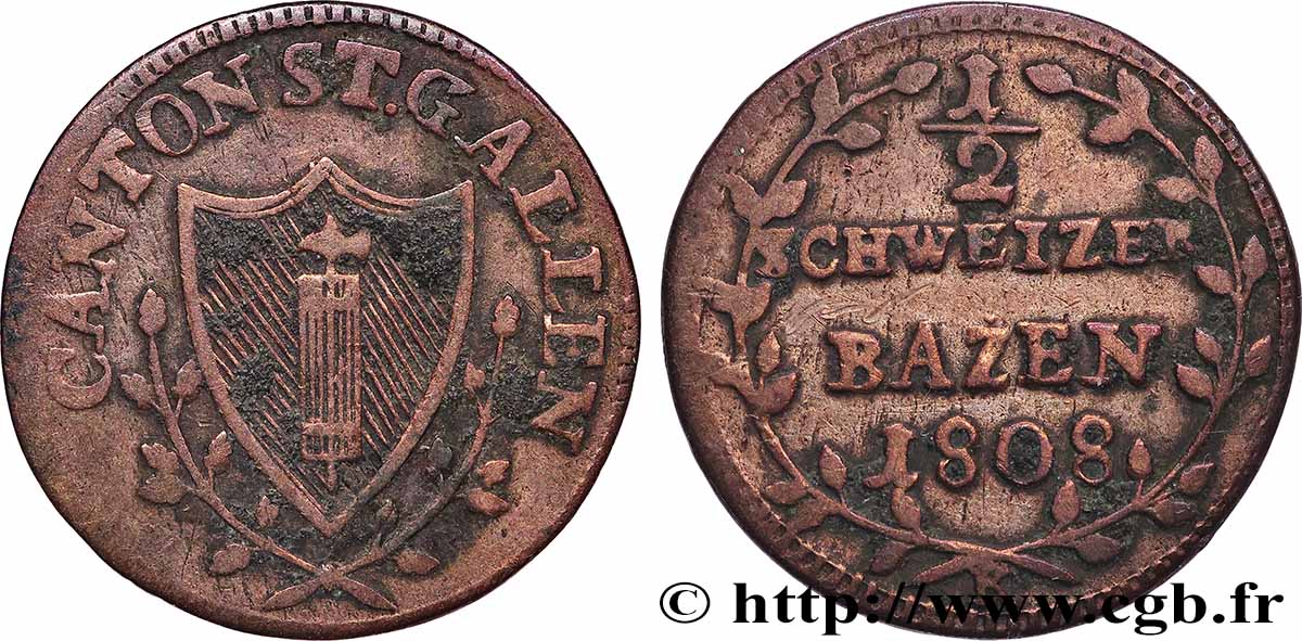 SUISSE - CANTON DE SAINT-GALL 1/2 Batzen - canton de Saint Gall 1808  TB+ 