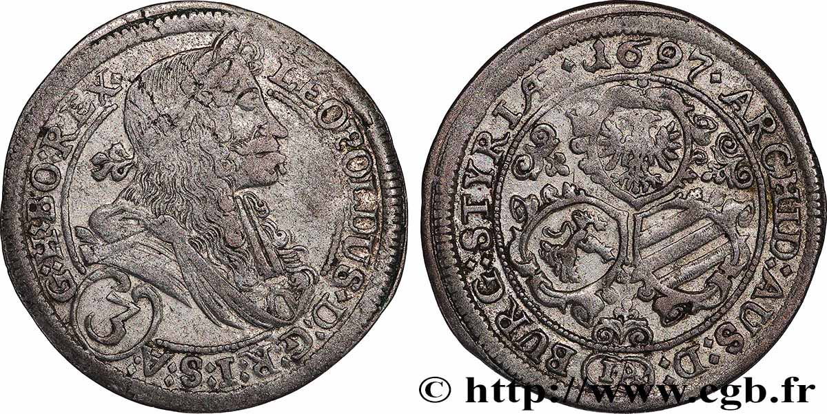 AUTRICHE - LÉOPOLD Ier 3 Kreuzer  1697 Graz TTB 
