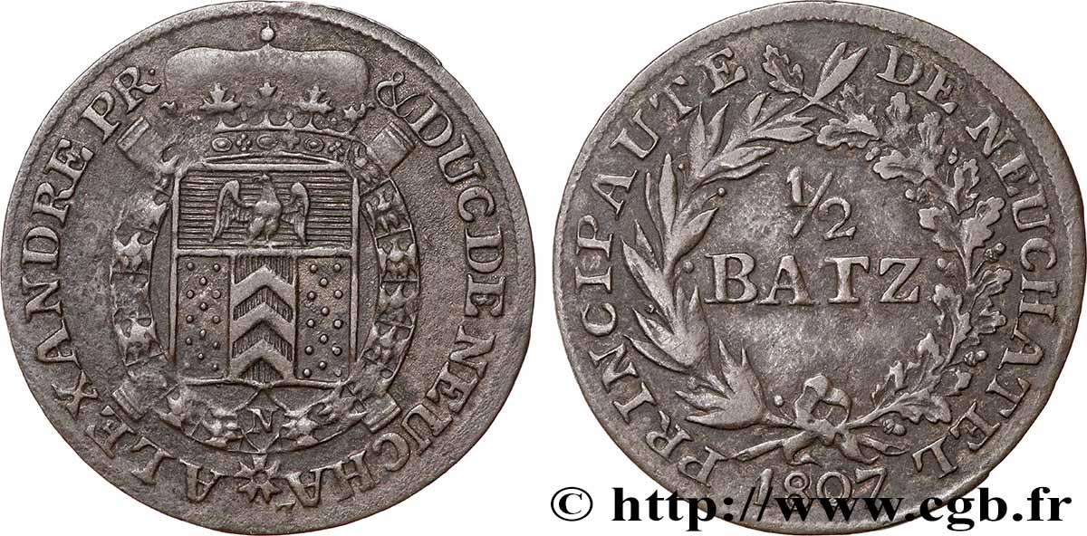 SUISSE - CANTON DE NEUCHATEL 1/2 Batzen Alexandre Berthier 1807 Neuchâtel TTB 