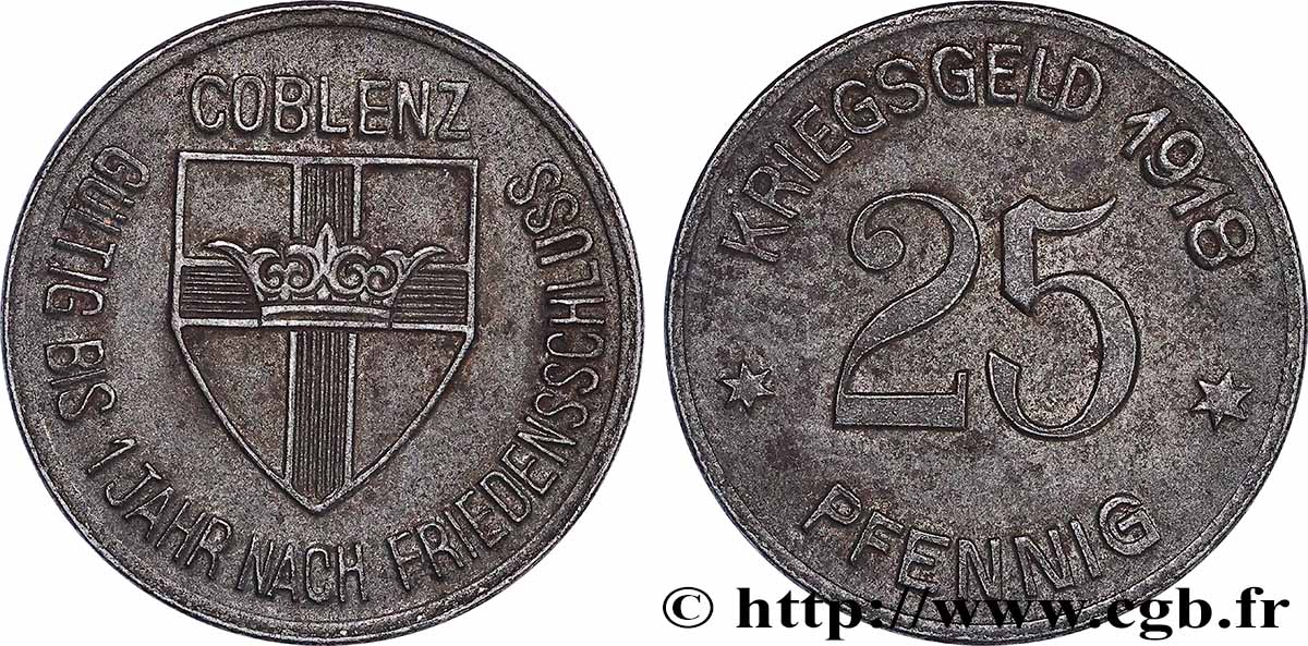 GERMANIA - Notgeld 25 Pfennig Coblenz (Coblence) 1918  BB 