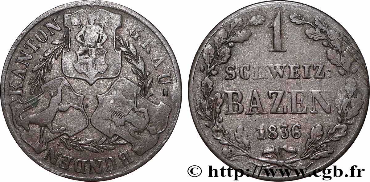 SUISSE - CONFÉDÉRATION HELVÉTIQUE - CANTON DES GRISONS 1 Batzen 1836  TTB 