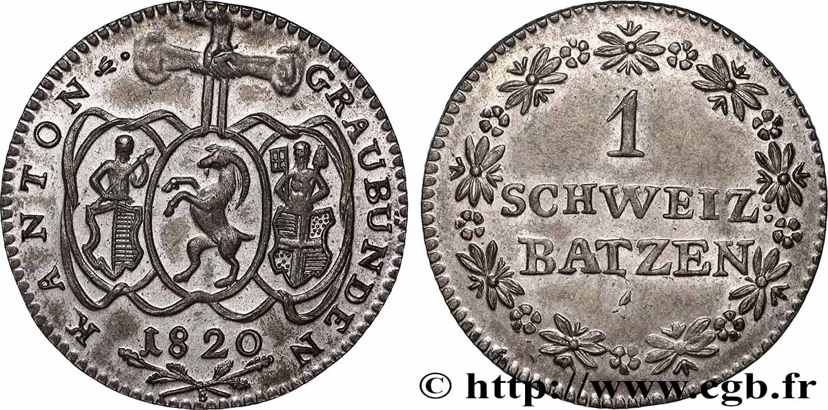 SUISSE - CONFÉDÉRATION HELVÉTIQUE - CANTON DES GRISONS 1 Batzen 1820  TTB+ 