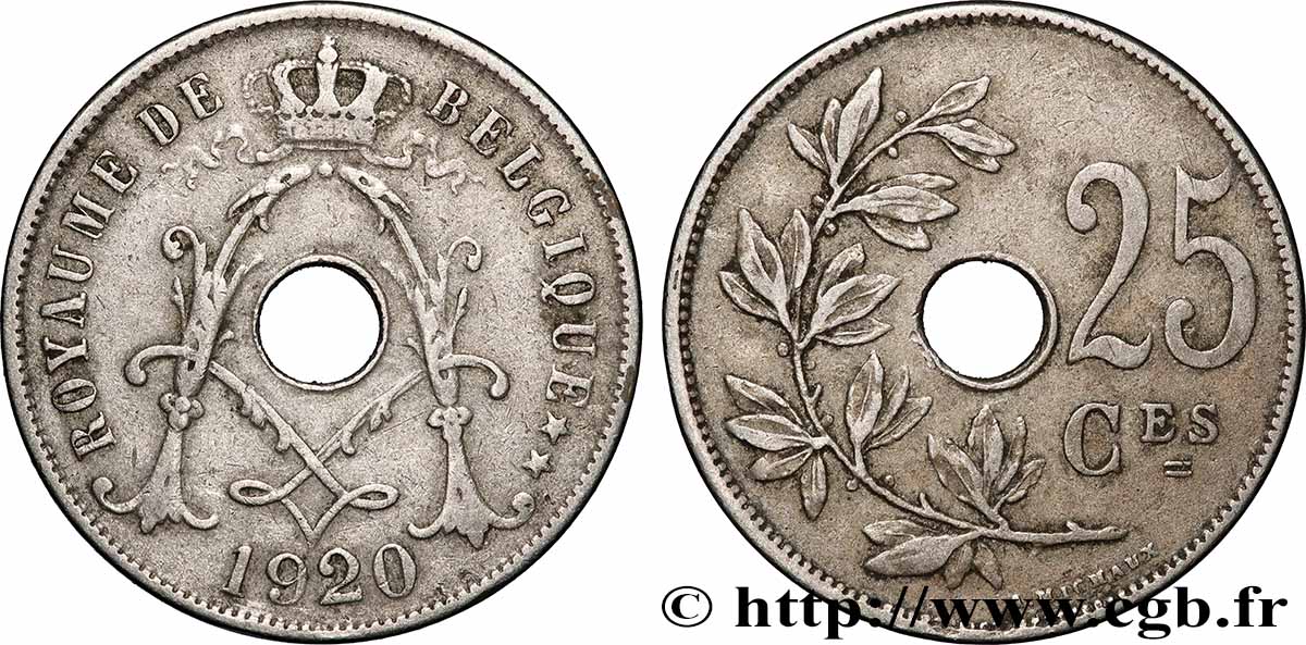 BELGIQUE 25 Centimes Albert Ier légende française 1920 Bruxelles TTB 