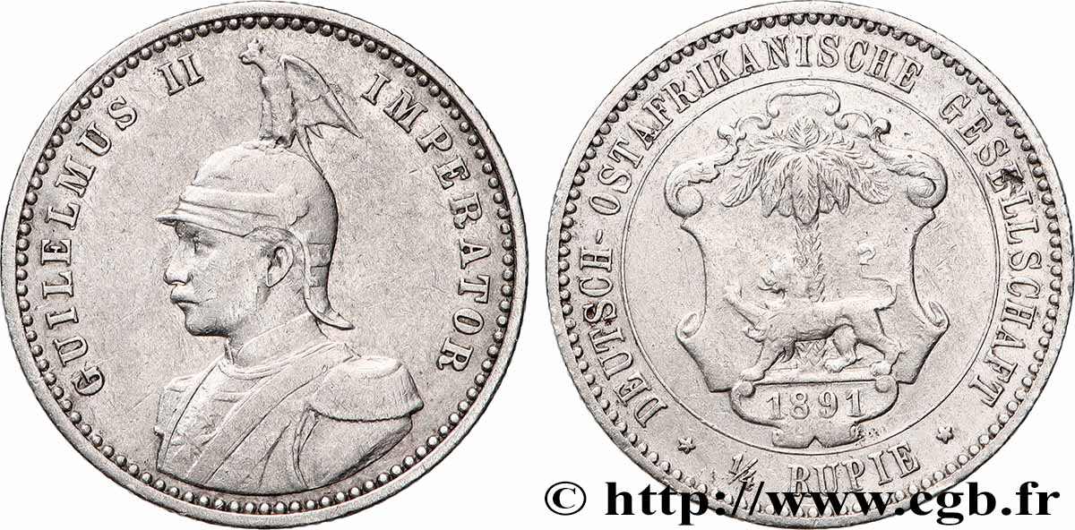 AFRIQUE ORIENTALE ALLEMANDE 1/4 Roupie Guillaume II  1891 Berlin TTB+ 