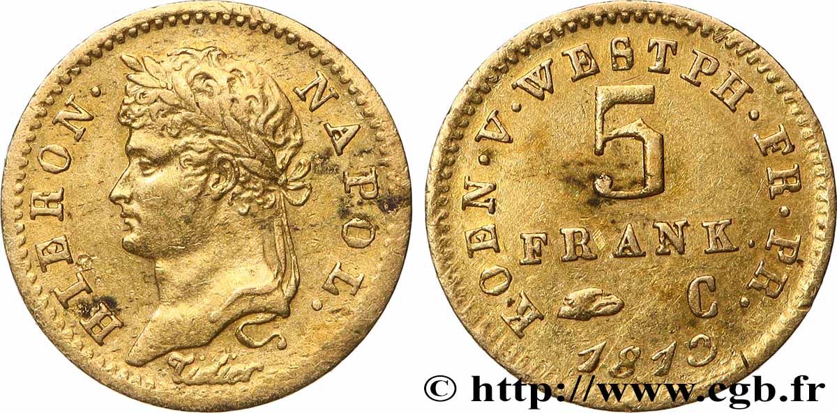GERMANY - KINGDOM OF WESTPHALIA - JÉRÔME NAPOLÉON 5 Franken 1813 Cassel AU 